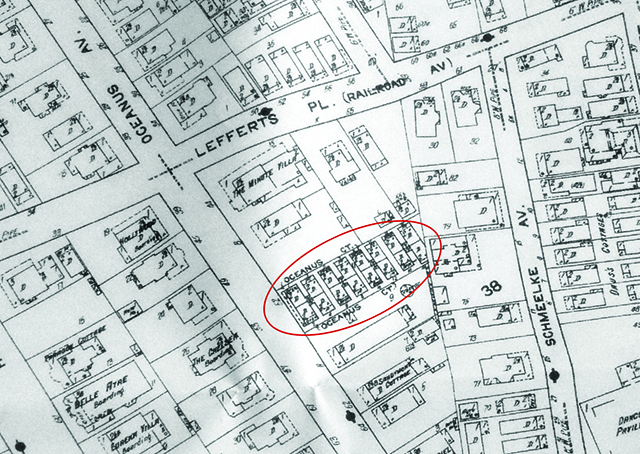 EXTRA Beach 91st St. formally Oceanus Ave. Note the 16 bungalows are present - Sandborn Map 1912