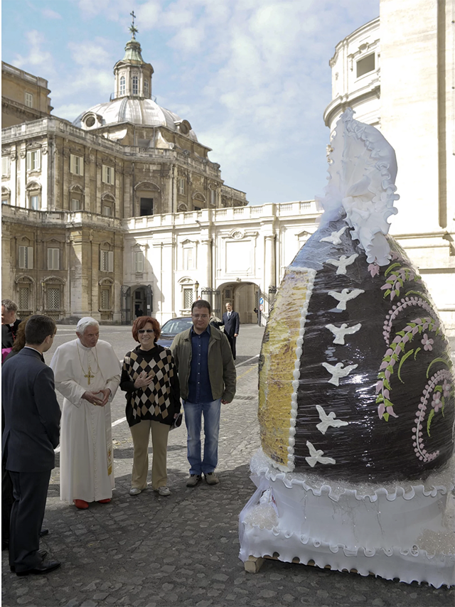 In-2012-an-Italian-chocolatier-gifted-Benedict-XVI-with-a-6.5-foot-tall-chocolate-Easter-egg-weighing-550-pounds.-Photo-credit-LOsservatore-Romano_AP